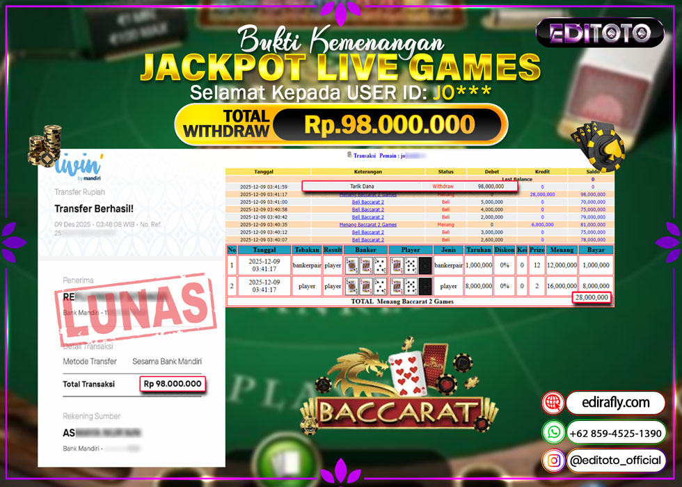 JACKPOT EDITOTO LIVE GAMES BACCARAT 2 Rp. 98.000.000.,- LUNAS
