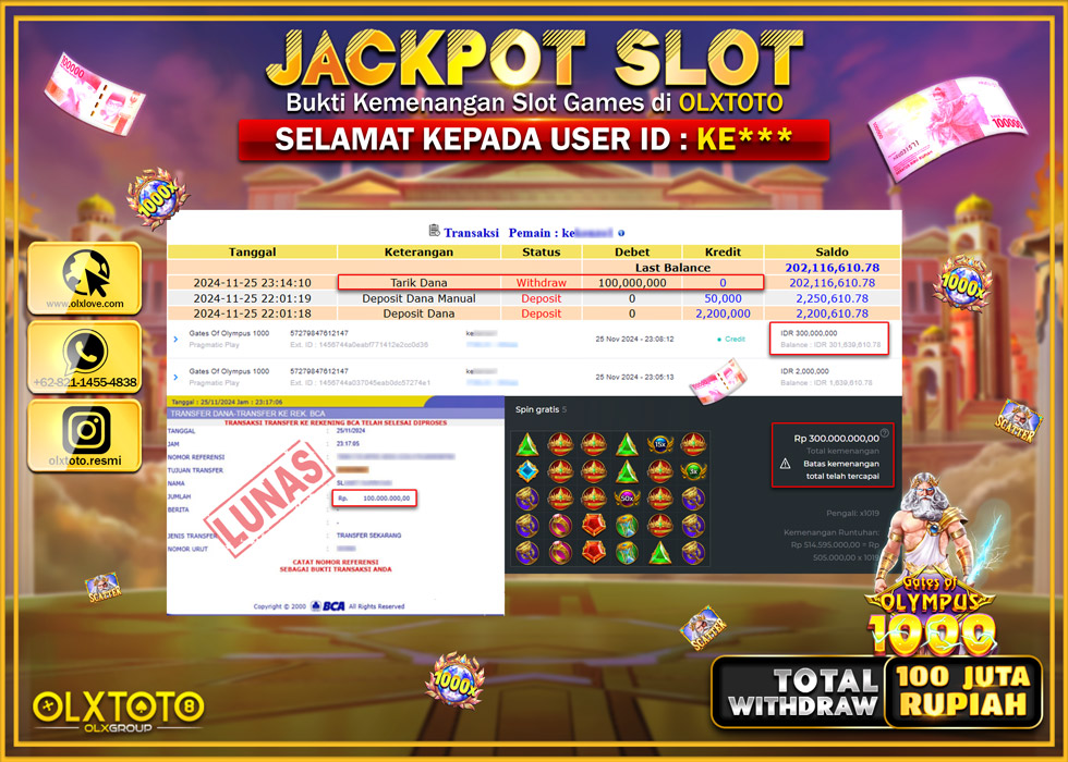 OLXTOTO JACKPOT  SLOT GATES OF OLYMPUS 1000 Rp.100.000.000.,- LUNAS