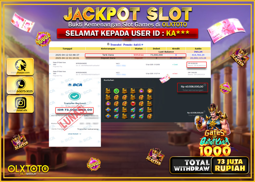 BINTANGSLOT77 JACKPOT SLOT GATES OF GATOT KACA 1000  Rp.73.000.000.,- LUNAS