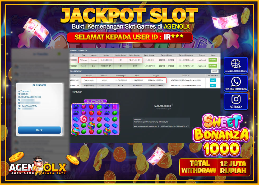 AGENOLX JACKPOT SLOT SWEET BONANZA 1000 Rp.12.000.000,- LUNAS