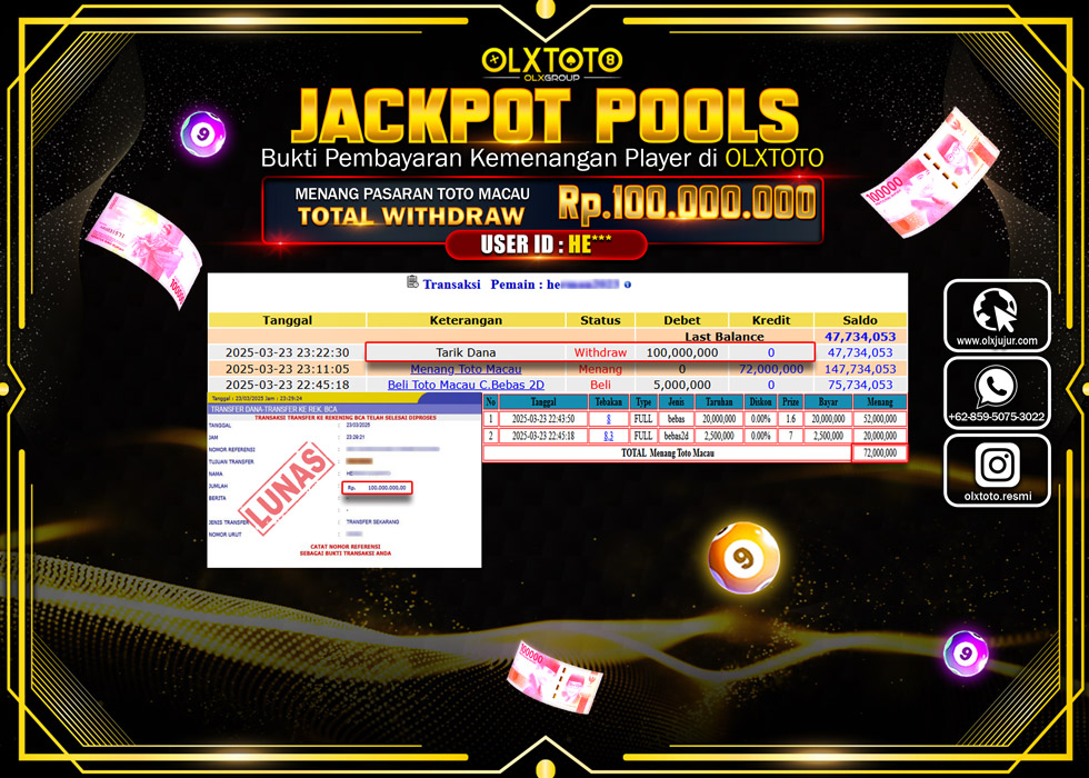 OLXTOTO JACKPOT TOGEL PASARAN TOTO MACAU Rp.100.000.000.,- LUNAS