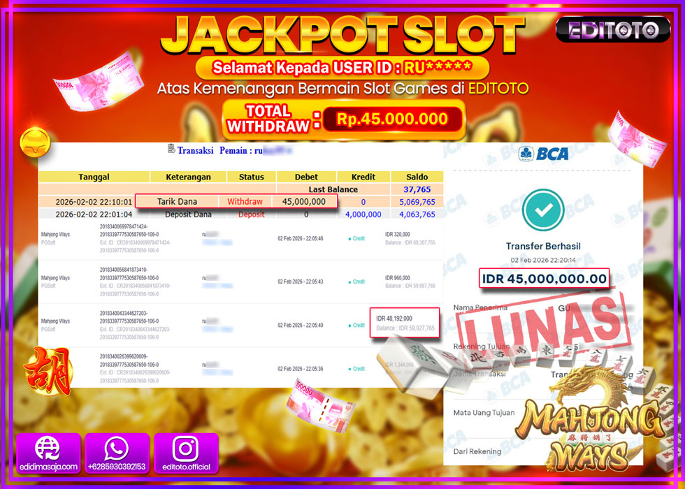 JACKPOT EDITOTO SLOT MAHJONG WAYS Rp.45.000.000,- LUNAS