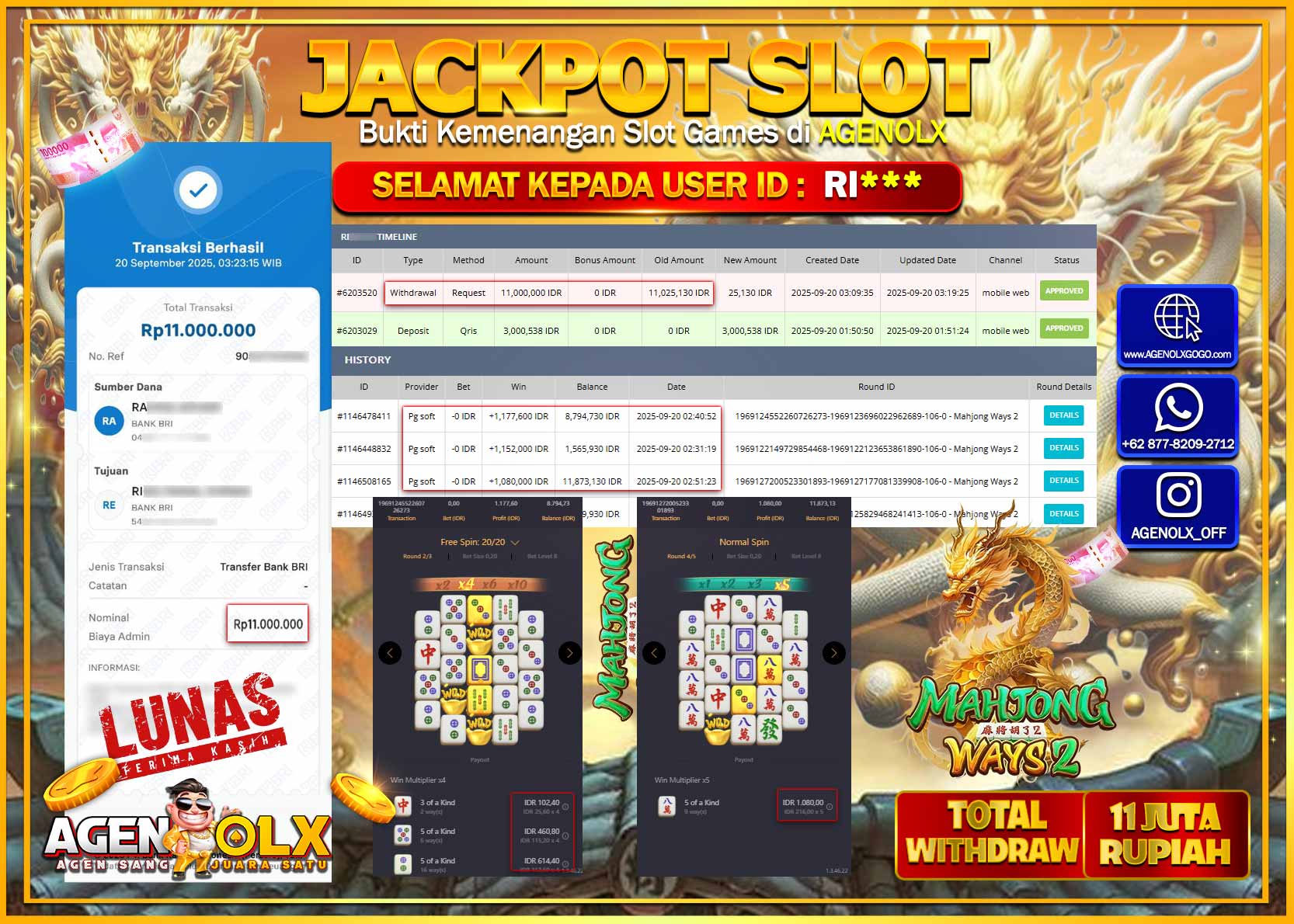 AGENOLX JACKPOT  SLOT MAHJONG WAYS 2  Rp 11,000,000,- LUNAS