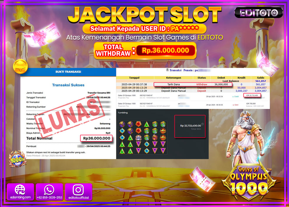 JACKPOT EDITOTO SLOT GATES OF OLYMPUS 1000 Rp.36.000.000,- LUNAS