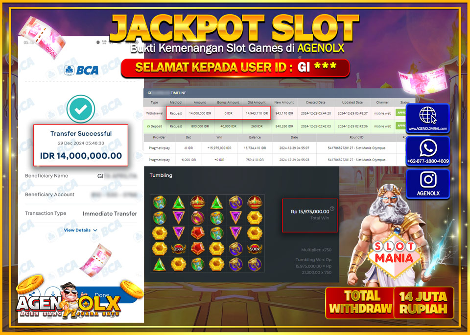 AGENOLX JACKPOT SLOT MANIA OLYMPUS Rp 14.000.000,- LUNAS