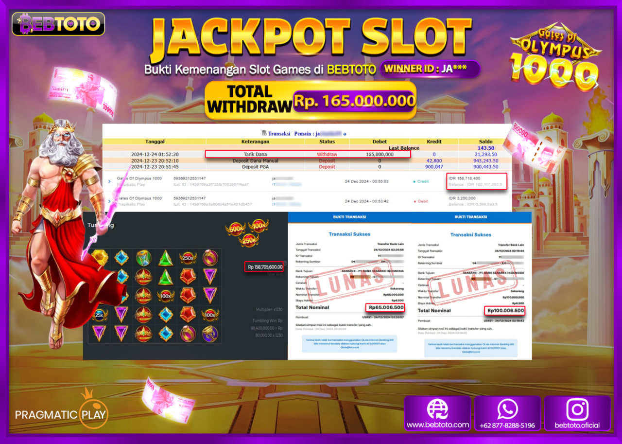 JACKPOT SLOT BEBTOTO GATES OF OLYMPUS 1000  Rp.165.000.000 - LUNAS