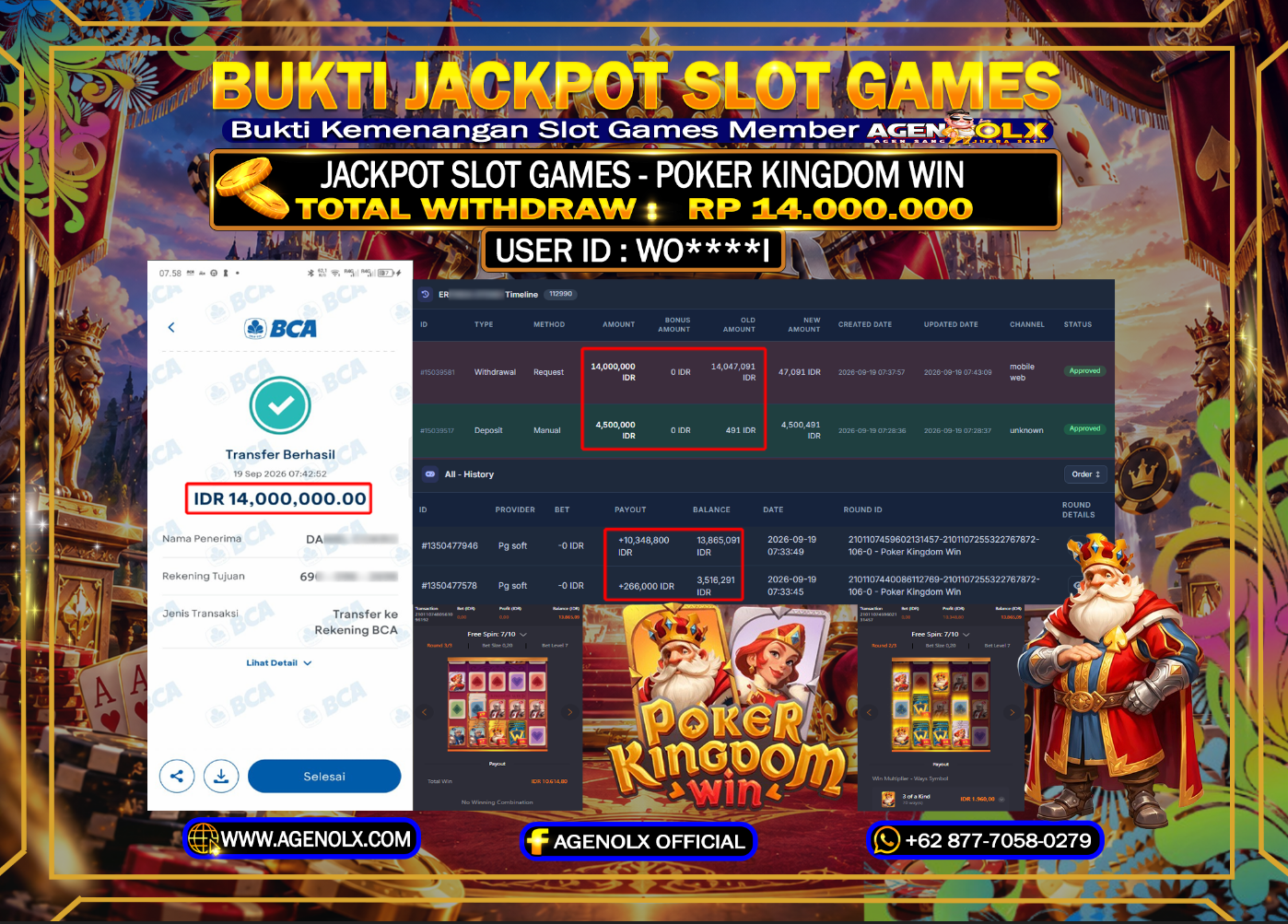AGENOLX JACKPOT SLOT -  POKER KINGDOM WIN - RP 14.000.000 - LUNAS