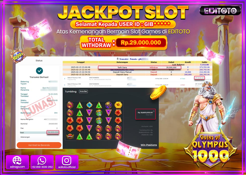 JACKPOT SLOT GATES OF OLYMPUS 1000  Rp.29.000.000.,- LUNAS