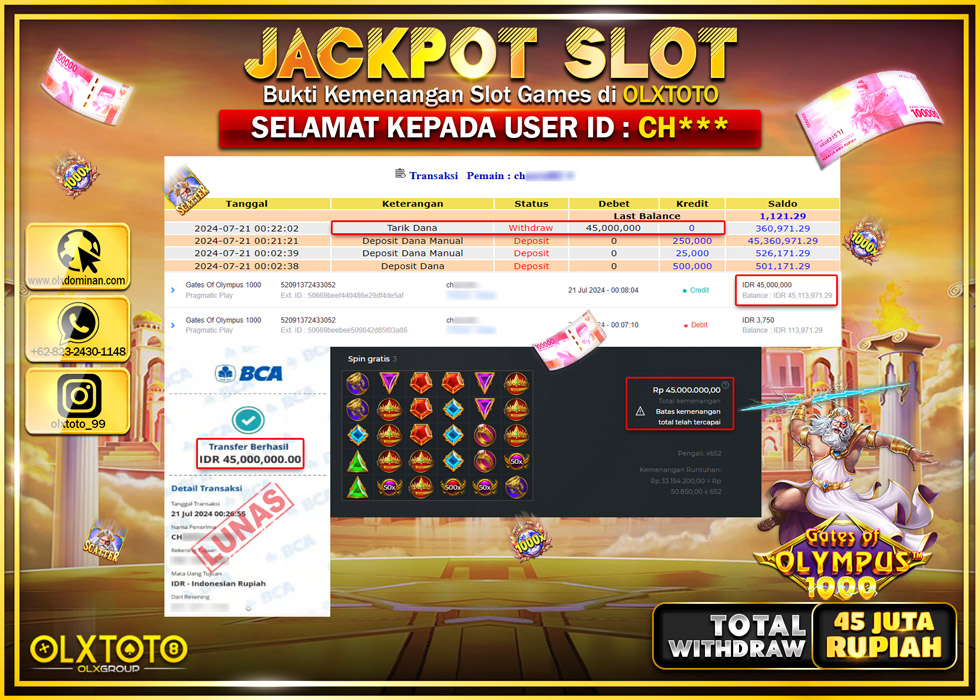 OLXTOTO JACKPOT  SLOT GATES OF OLYMPUS 1000  Rp.45.000.000.,- LUNAS