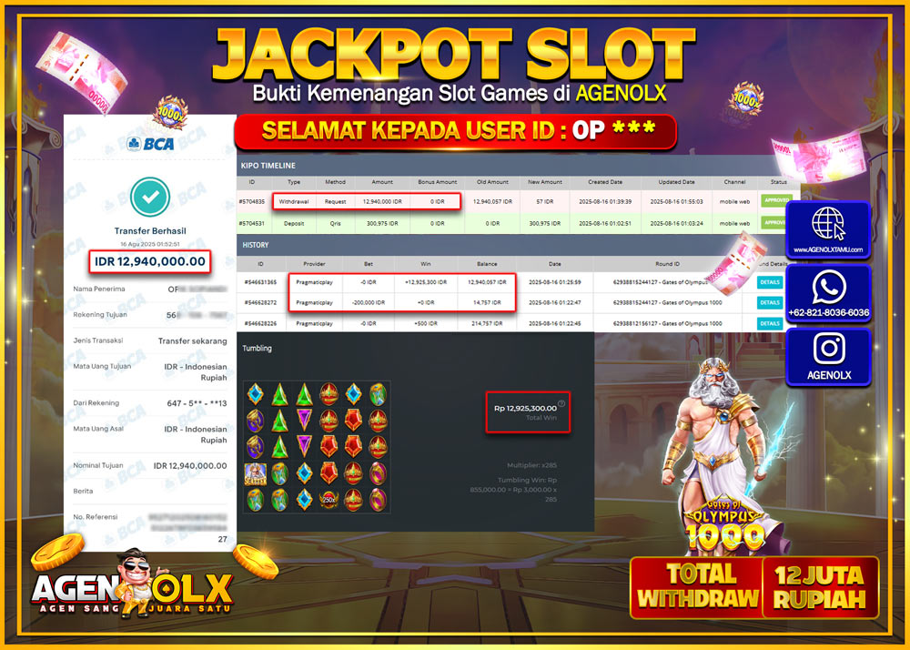 AGENOLX JACKPOT SLOT GATES OF OLYMPUS x1000  Rp 12,940,000,- LUNAS