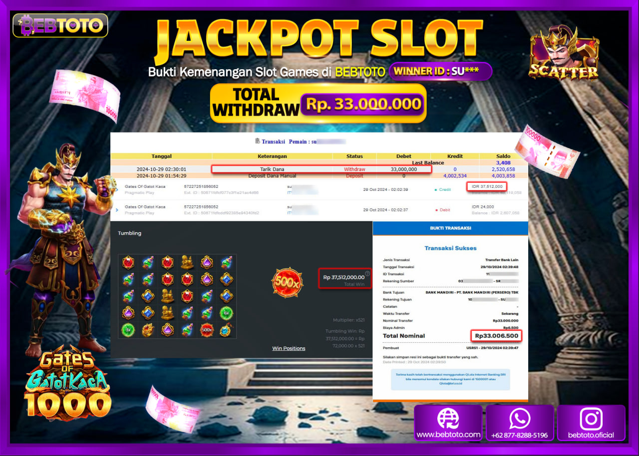 JACKPOT SLOT BEBTOTO GATES OF GATOTKACA 1000 Rp.33.000.000.,- LUNAS