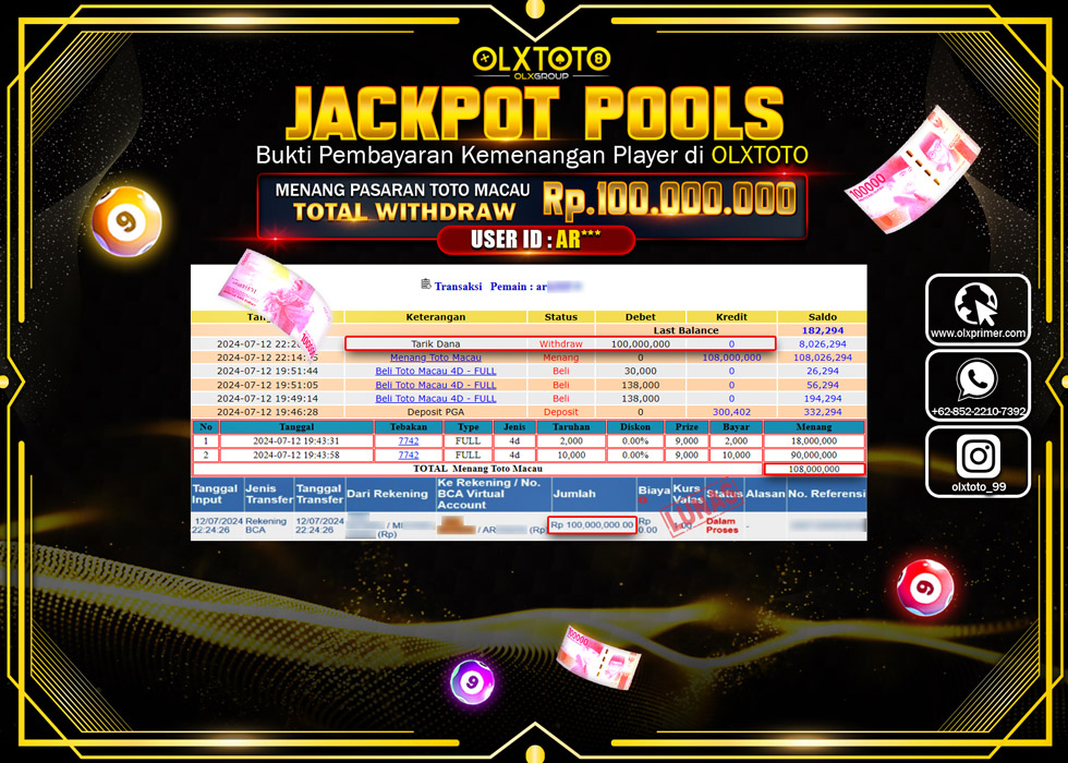 OLXTOTO JACKPOT  TOGEL TOTO MACAU Rp.100.000.000.,- LUNAS