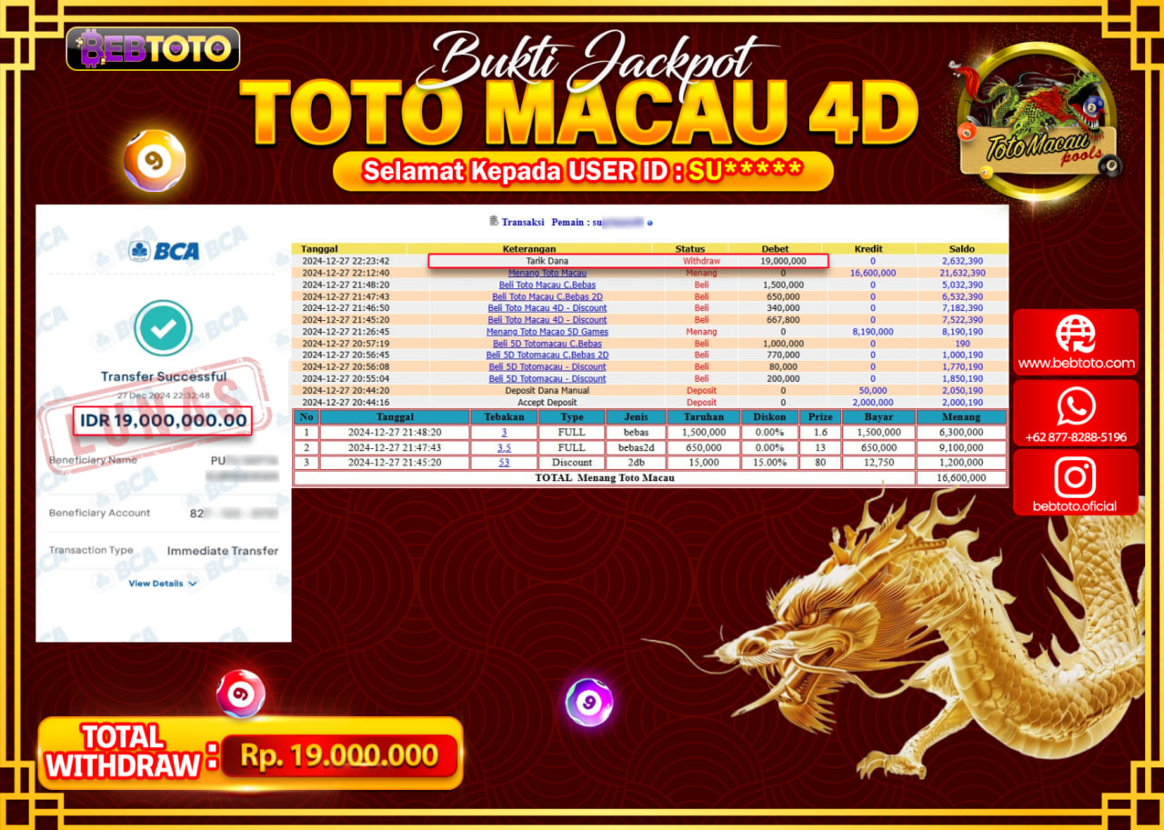 JACKPOT LIVE CASINO BEBTOTO TOTO MACAU 4D Rp.19,000,000.,- LUNAS