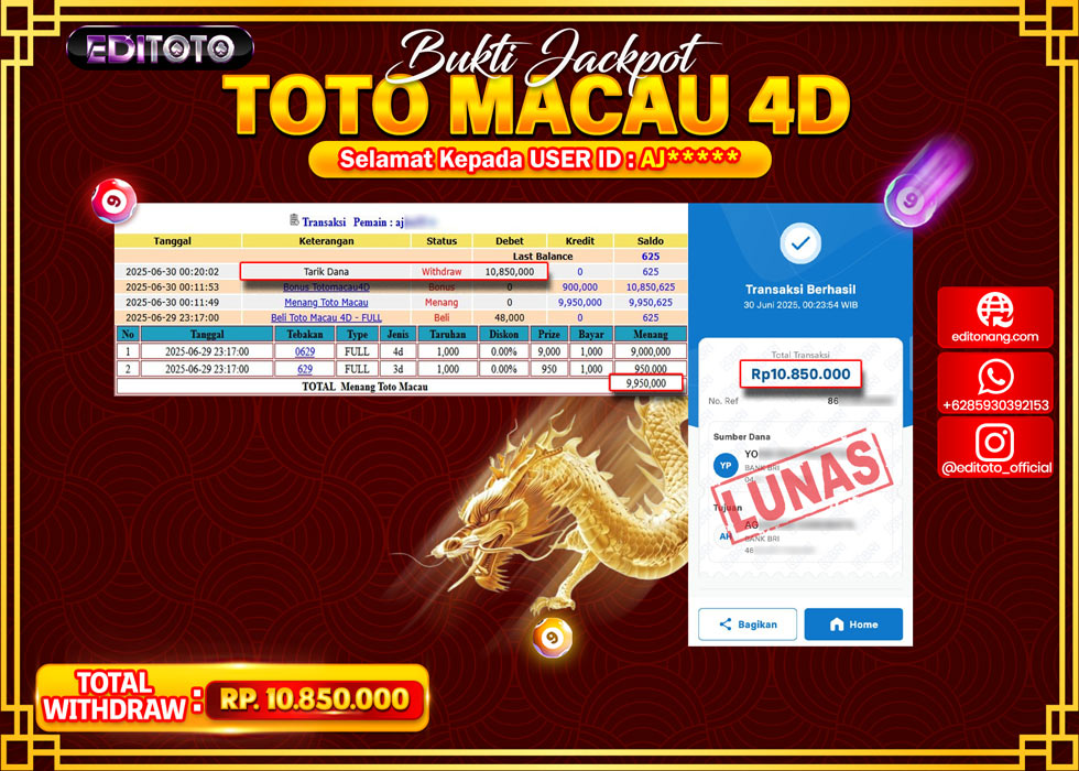JACKPOT EDITOTO TOGEL PASARAN TOTO MACAU 4D Rp.10.850.000.,- LUNAS