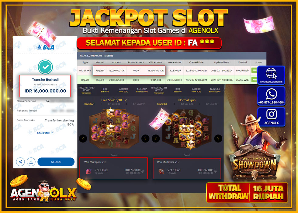 AGENOLX JACKPOT SLOT WILD BOUNTY SHOWDWON Rp 16.000.000,- LUNAS