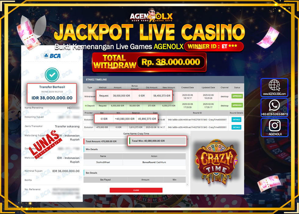 AGENOLX JACKPOT LIVE CASINO CRRAZY TIME Rp 38.000.000,- LUNAS