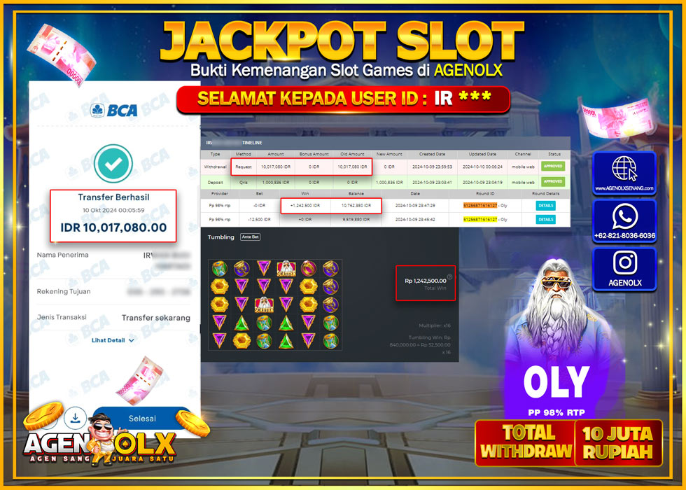 AGENOLX JACKPOT SLOT OLY PP 98% RTP Rp.10.000.000,- LUNAS