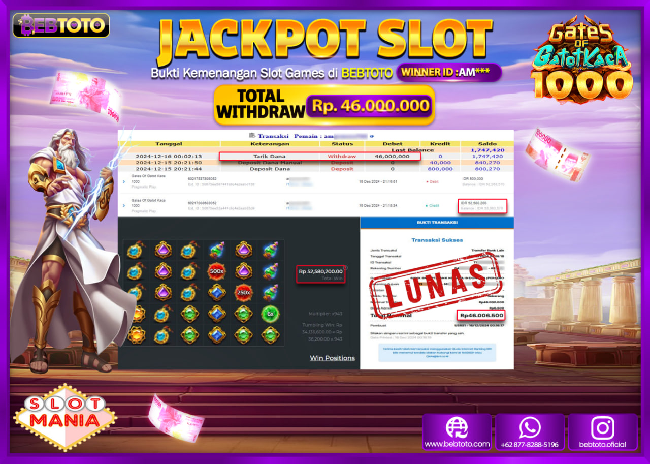 JACKPOT SLOT BEBTOTO GATOTKACA 1000  Rp.46,000,000 - LUNAS