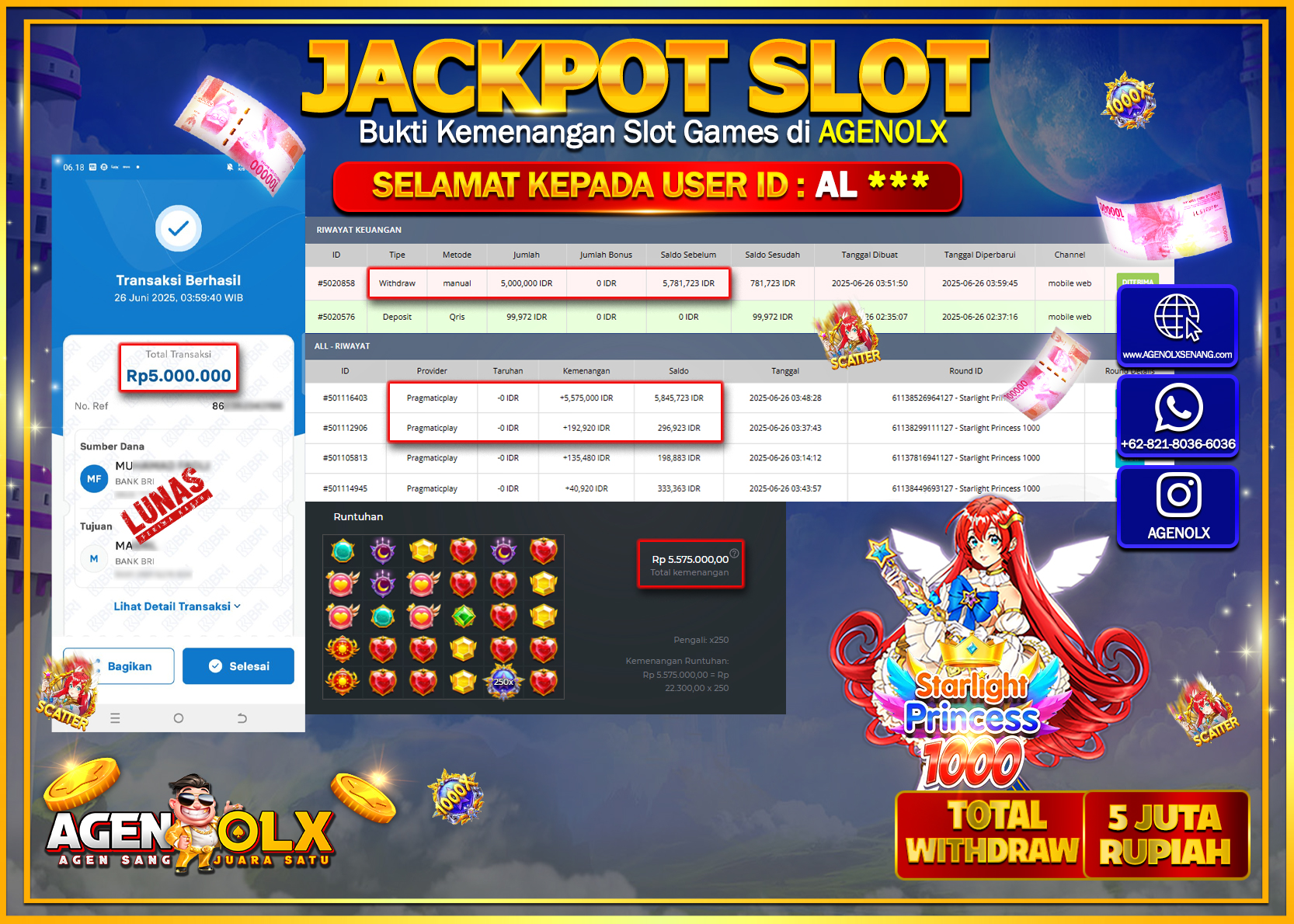 AGENOLX JACKPOT  SLOT STARLIGHT PRINCESS 1000  Rp 5.000.000,- LUNAS