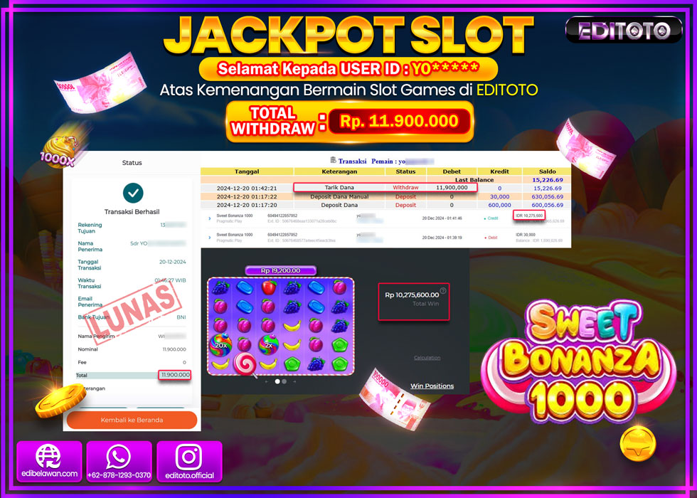 JACKPOT SLOT SWEET BONANZA 1000 Rp11.900.000.,- LUNAS