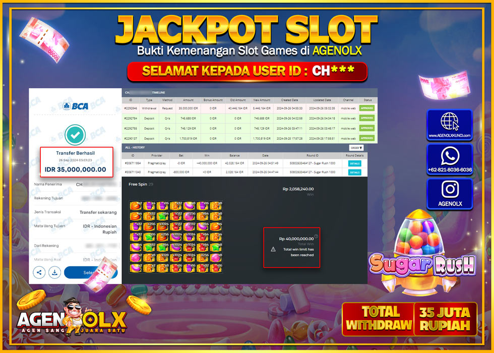 AGENOLX JACKPOT  SLOT SUGAR RUSH 1000 Rp.35.000.000,- LUNAS