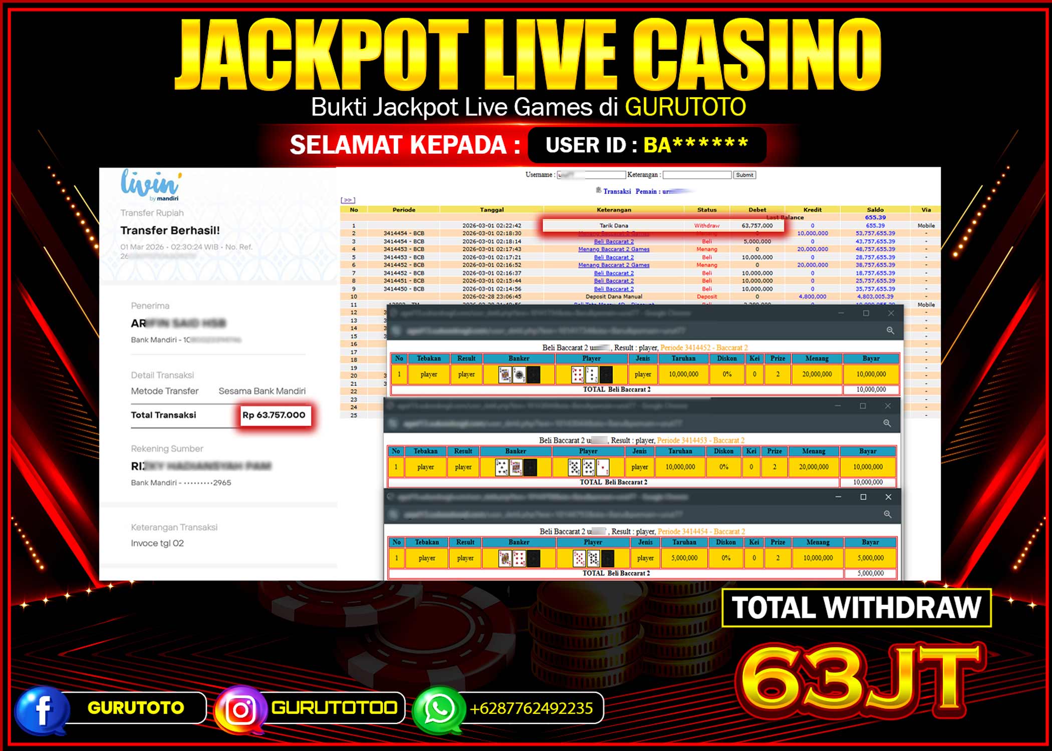 Bukti Kemenangan Rp 63.000.000 JACKPOT LIVE CASINO di GURUTOTO !