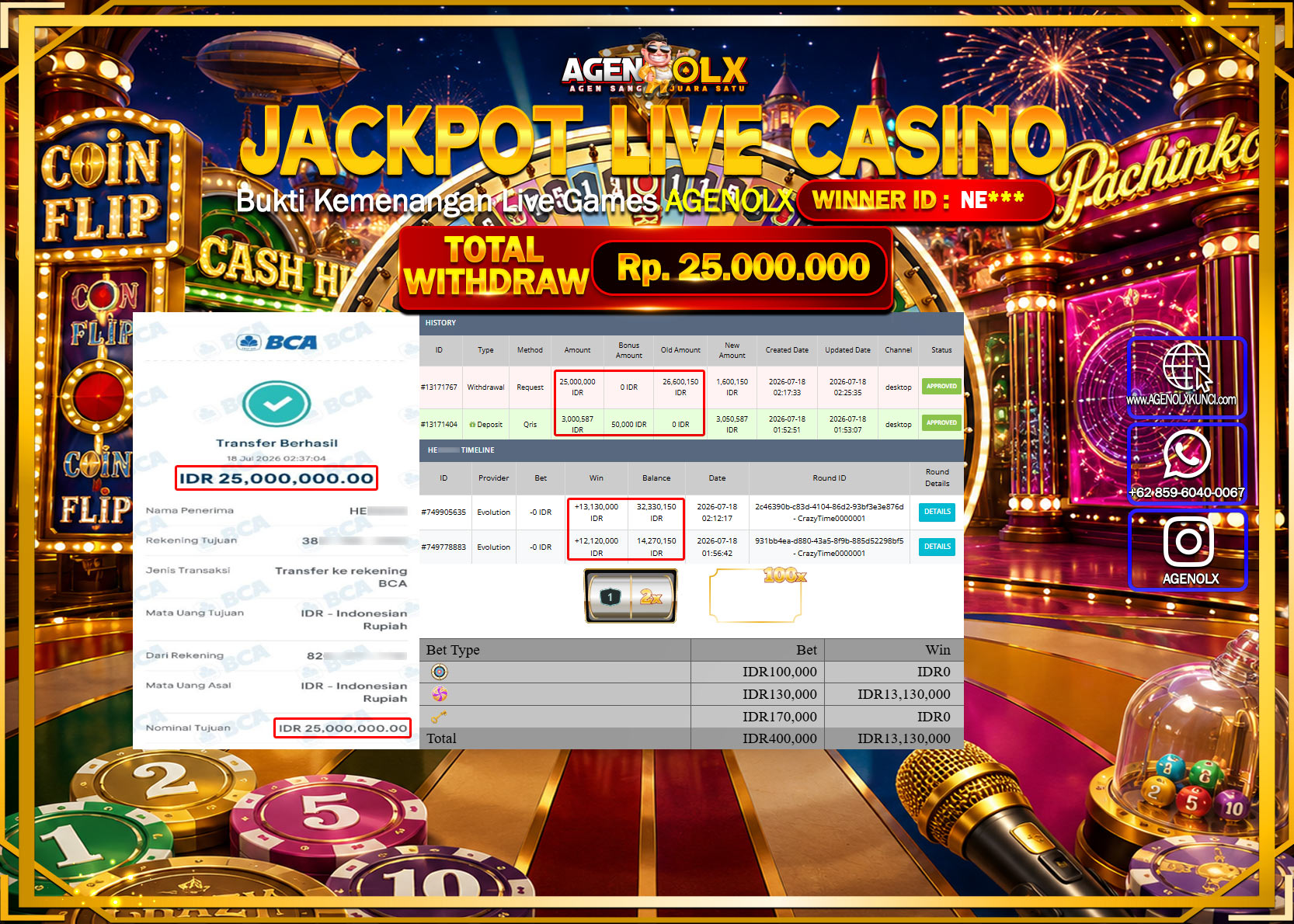 AGENOLX JACKPOT LIVE CASSINO CRAZY TIME  Rp  25.000.000 -LUNAS
