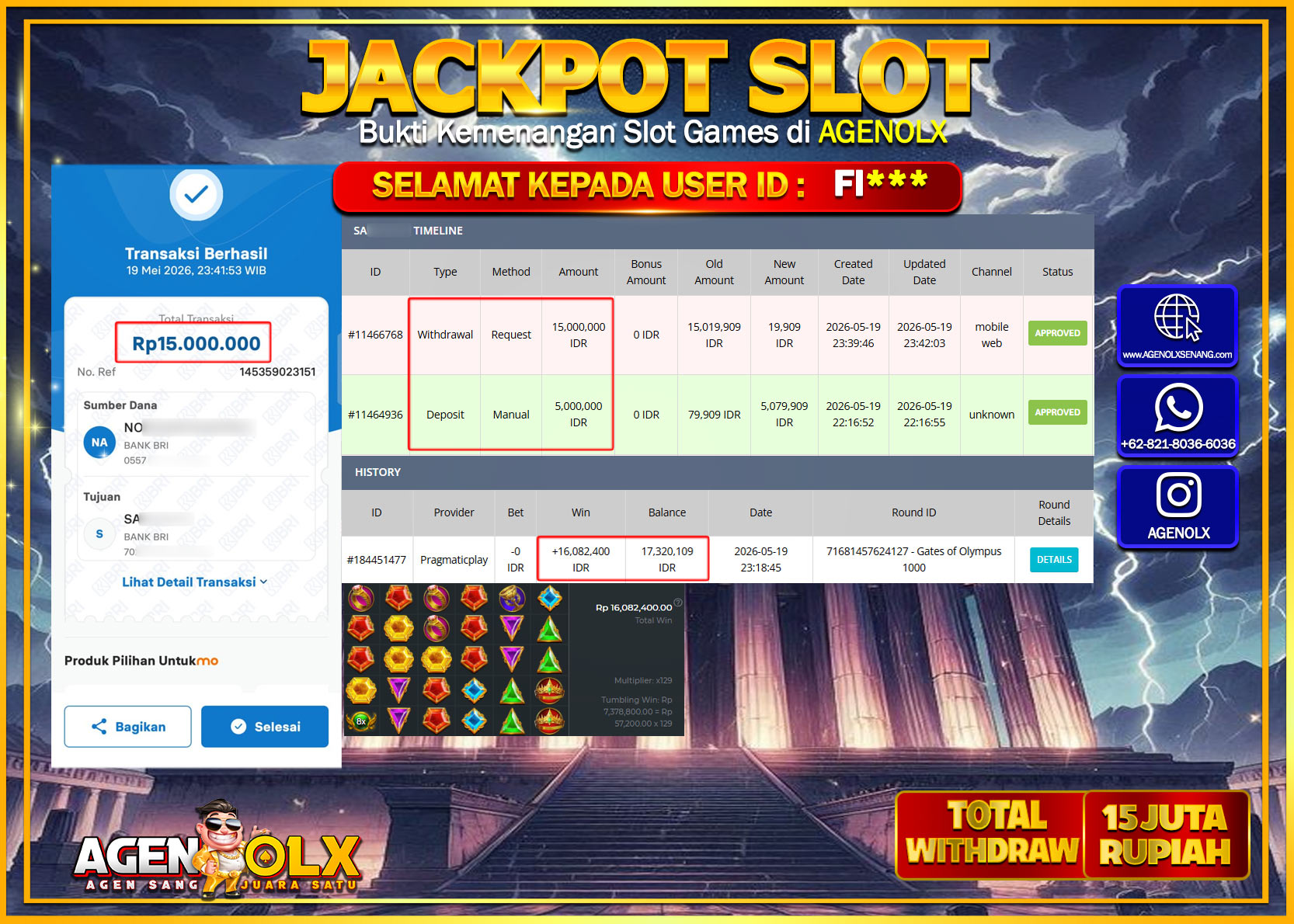 AGENOLX JACKPOT SLOT GATES OF OLYMPUS 1000 Rp 15.000.000 - LUNAS