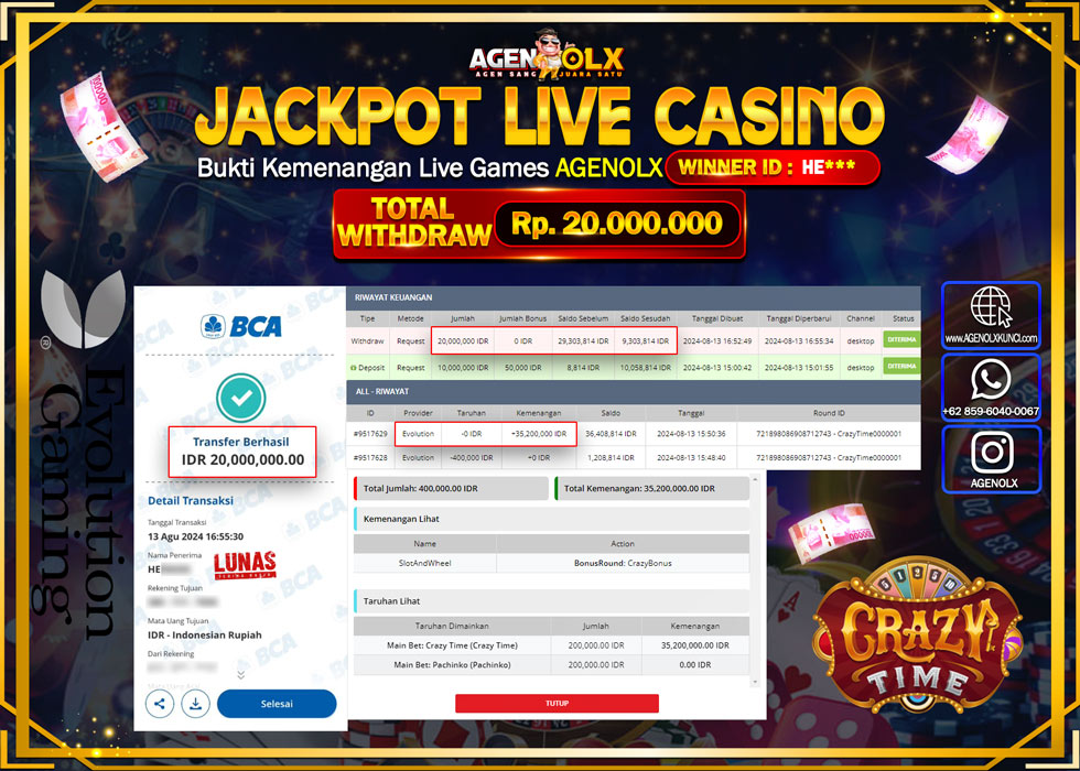 AGENOLX JACKPOT LIVE CASINO CRAZY TIME  Rp.20.000.000,- LUNAS