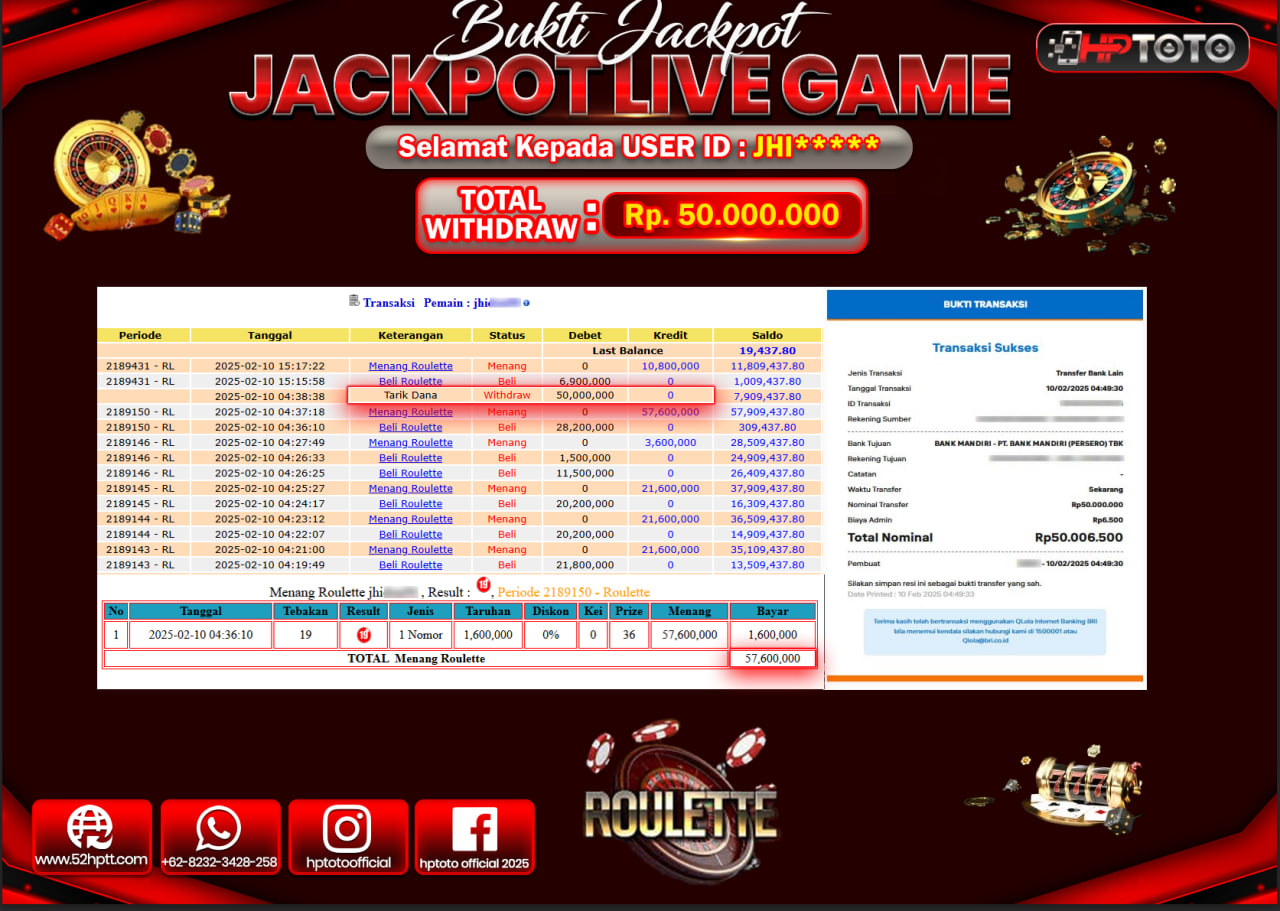 HPTOTO JACKPOT LIVE GAMES ROULETTE Rp.50.000.000,- LUNAS