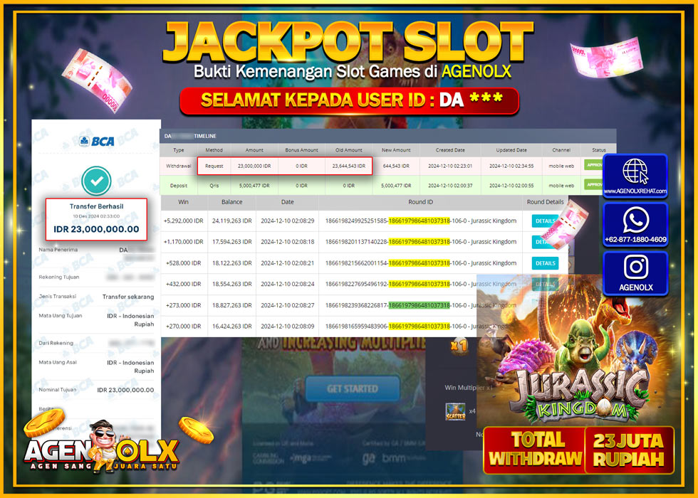 AGENOLX JACKPOT SLOT PG SOFT JURASSIC KINGDOM Rp 23.000.000,- LUNAS