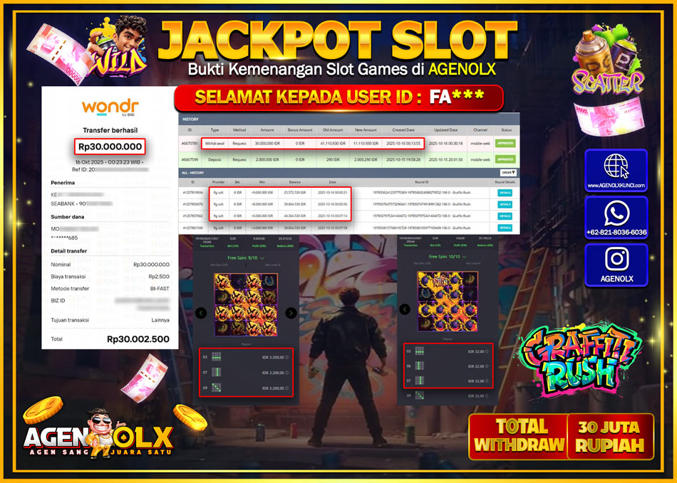 AGENOLX JACKPOT SLOT GRAFFITI RUSH Rp 30,000,000,- LUNAS