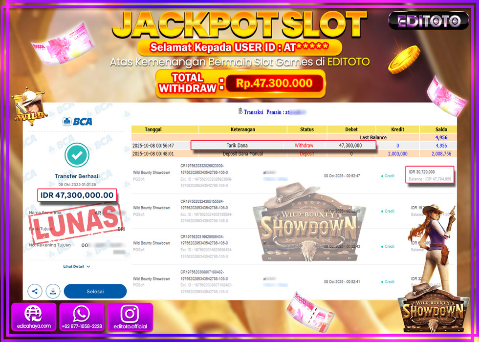 JACKPOT EDITOTO SLOT WILD BOUNTY SHOWDOWN Rp.47.300.000,- LUNAS 