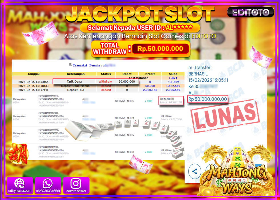 JACKPOT EDITOTO SLOT MAHJONG WAYS Rp.50.000.000,- LUNAS