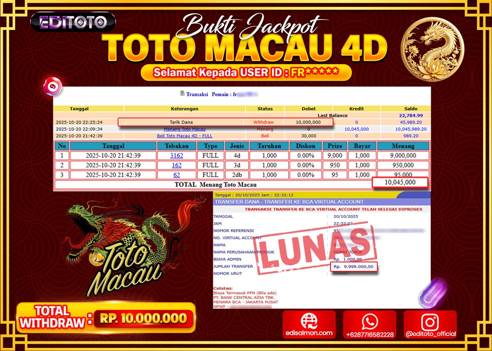 JACKPOT EDITOTO TOGEL PASARAN TOTO MACAU 4D Rp.30.000.000.,- LUNAS