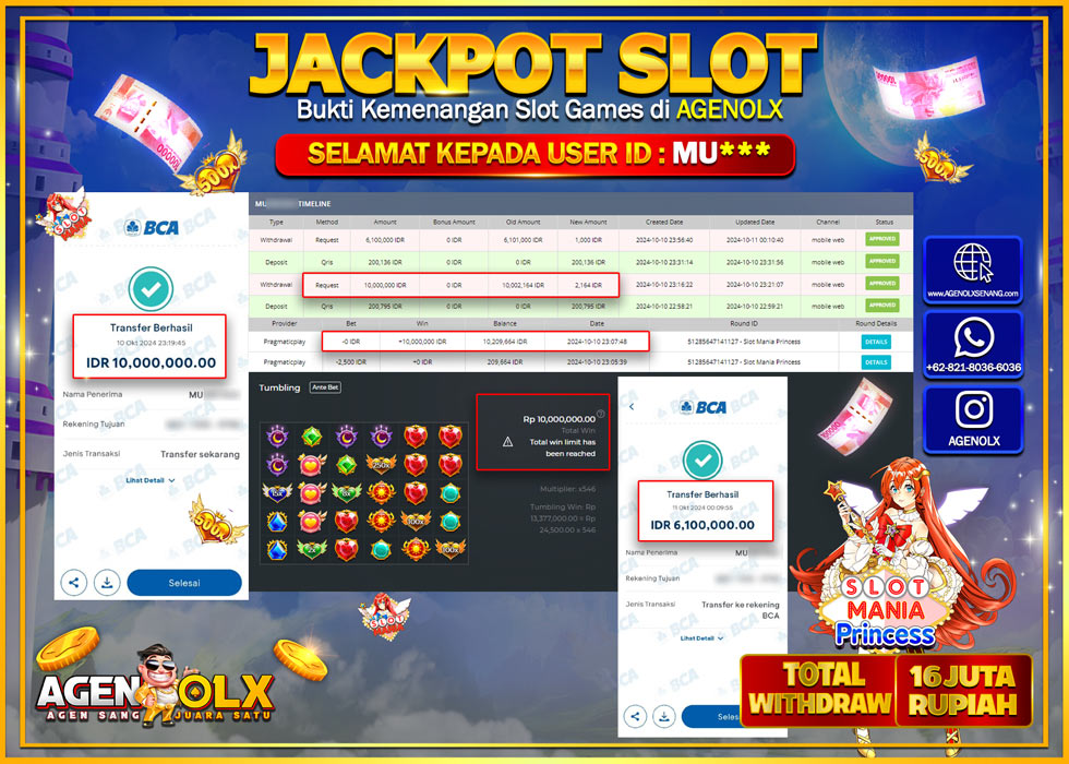 AGENOLX JACKPOT SLOT MANIA PRINCESS  Rp.16.000.000,- LUNAS