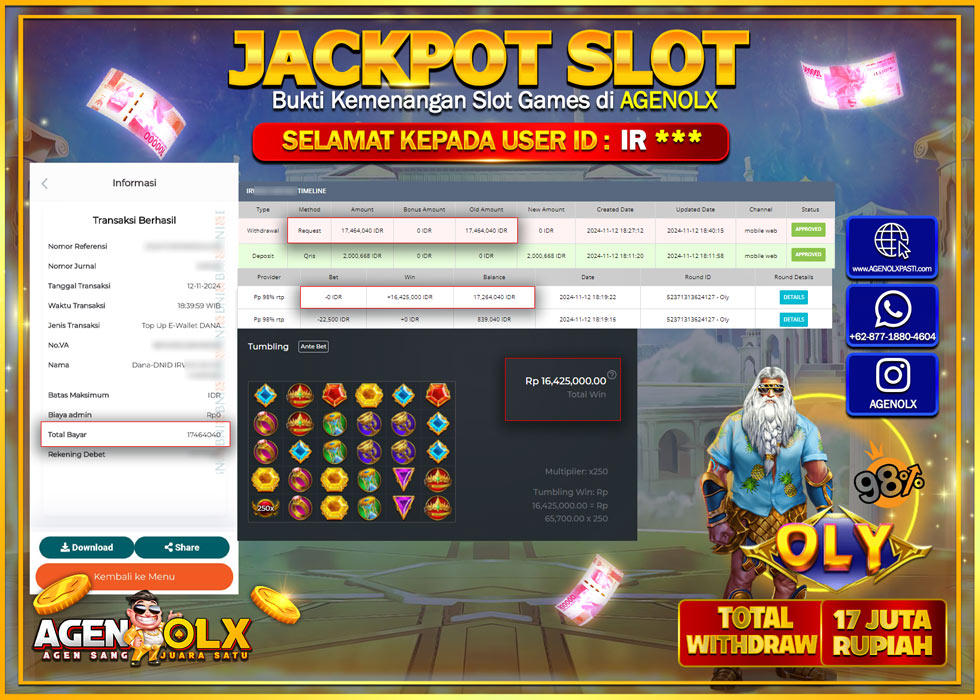 AGENOLX JACKPOT  SLOT PP 98% RTP OLY Rp 17.000.000,- LUNAS