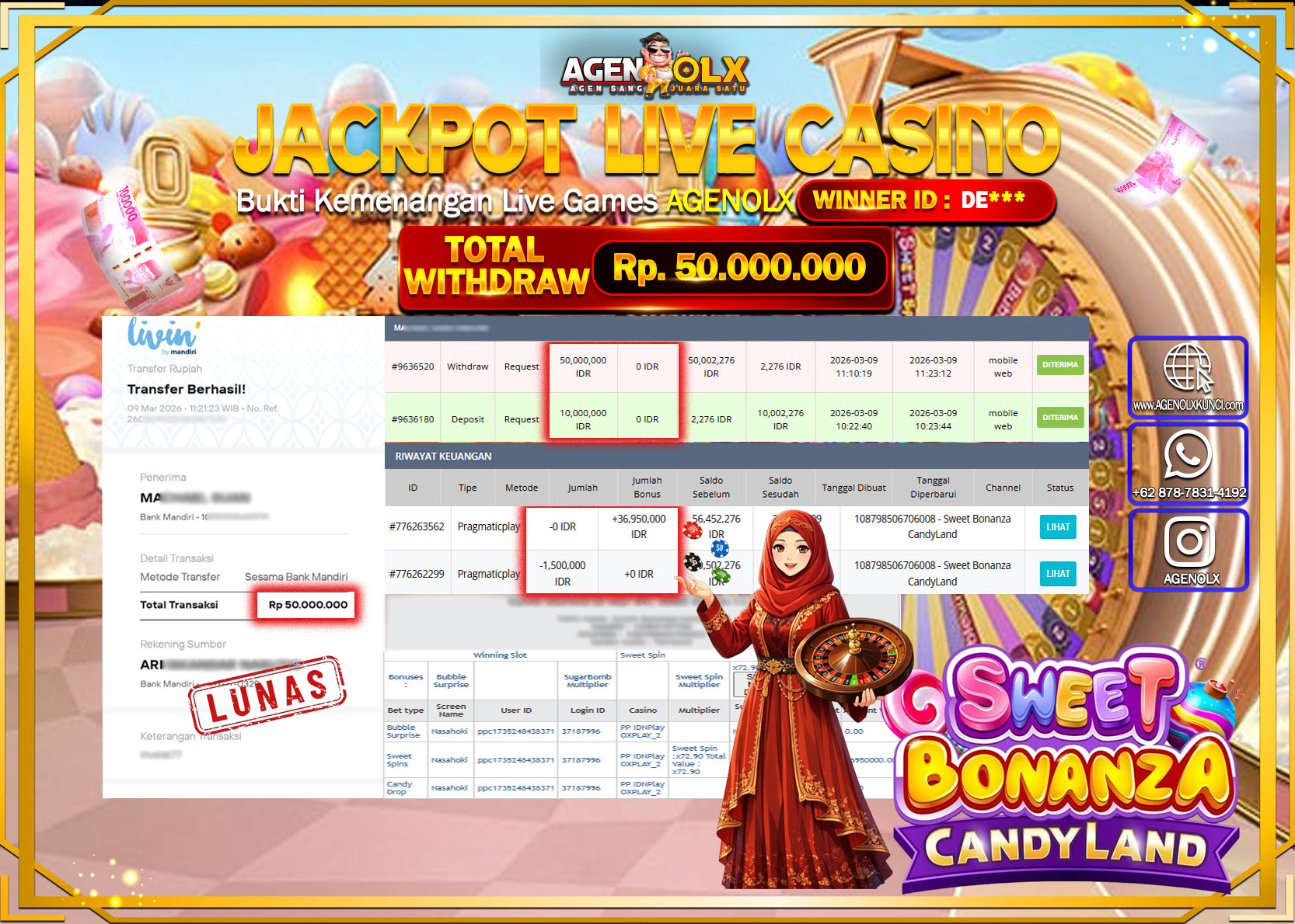 AGENOLX JACKPOT LIVE CASINO SWEET BONANZA CANDY LAND  Rp 50.000.000 - LUNAS