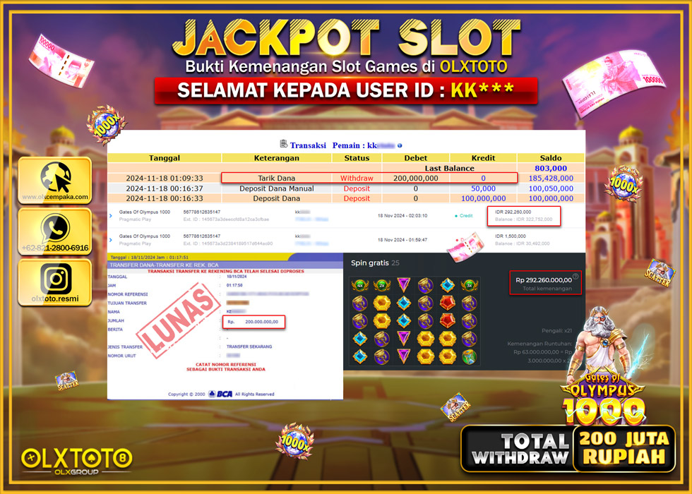 OLXTOTO JACKPOT  SLOT GATES OF OLYMPUS 1000  Rp.200.000.000.,- LUNAS