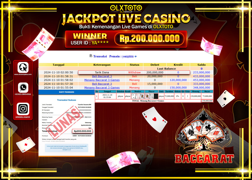 OLXTOTO JACKPOT  LIVE GAMES BACCARAT 3 Rp.200.000.000.,- LUNAS