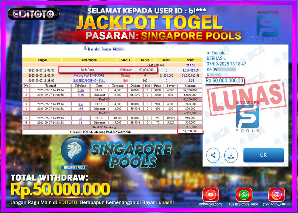 JACKPOT EDITOTO TOGEL PASARAN SINGAPORE POOLS Rp.50.000.000.,- LUNAS