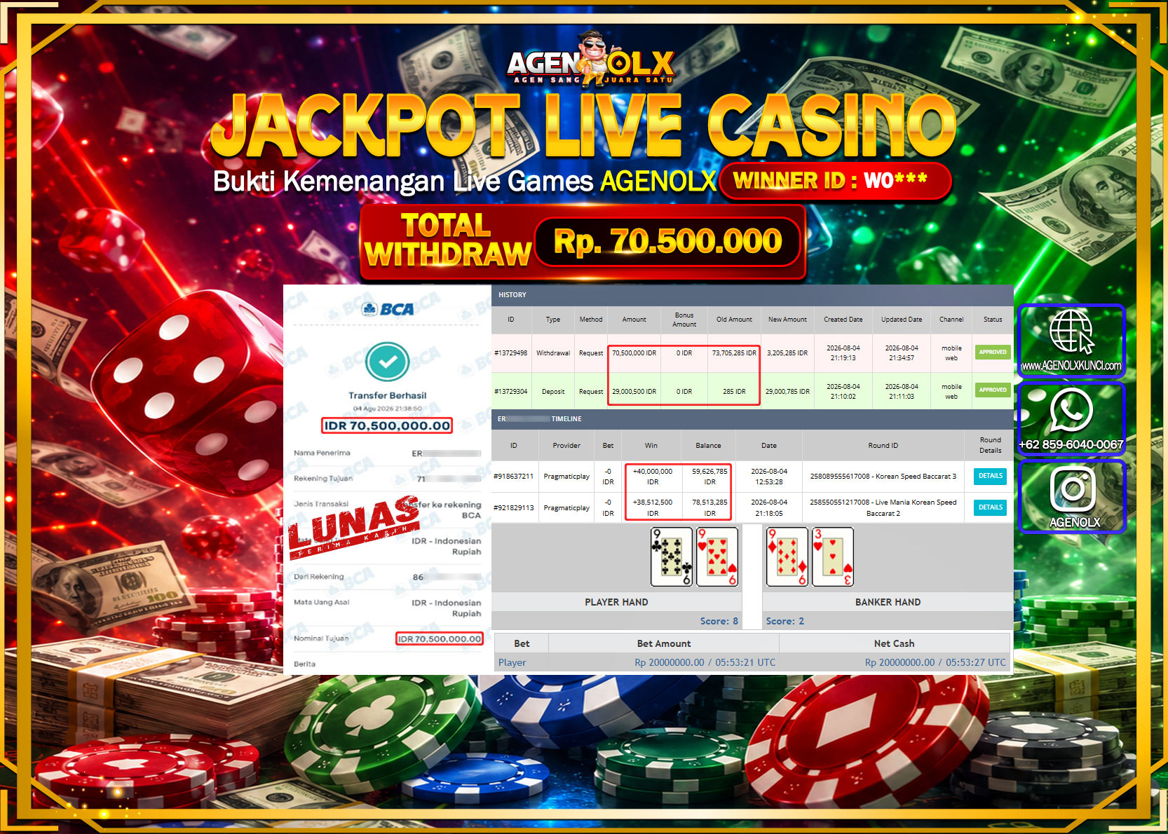 AGENOLX JACKPOT LIVE CASSINO KOREAN SPEED BACCARAT 3   Rp  70.500.000 -LUNAS