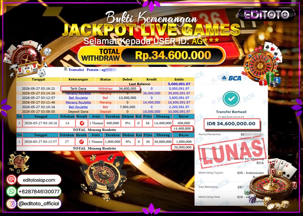 JACKPOT EDITOTO LIVE GAMES ROULETTE  Rp.34.600.000.,- LUNAS