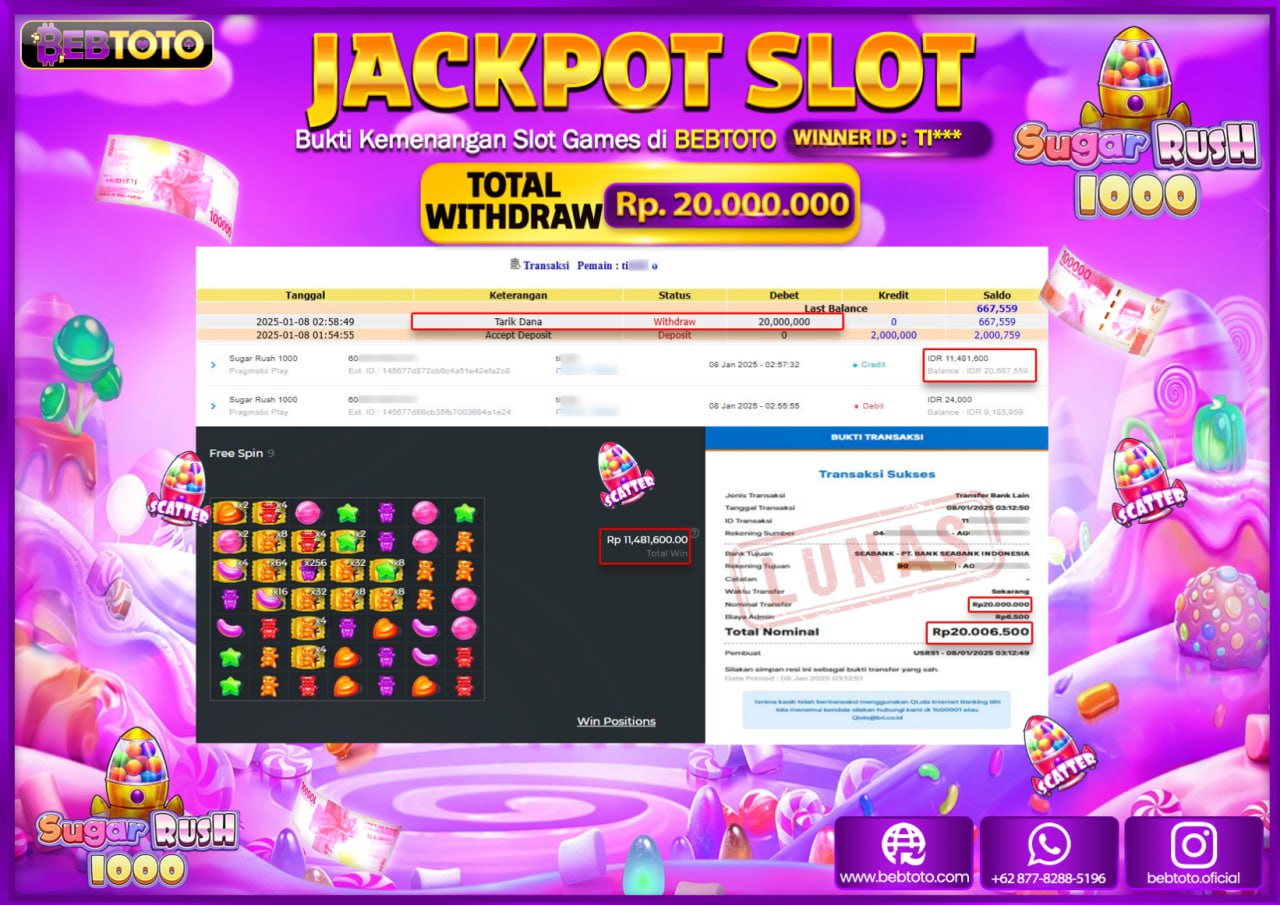 JACKPOT SLOT BEBTOTO SUGAR RUSH 1000 Rp.20.000.000.,- LUNAS