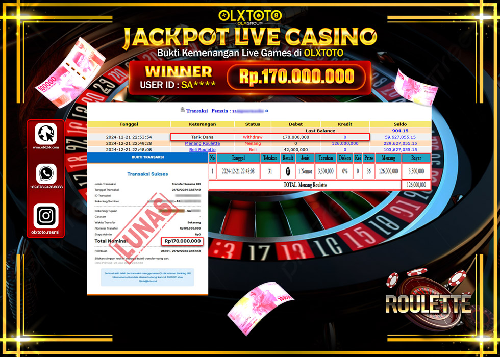 OLXTOTO JACKPOT  LIVE GAMES ROULETTE  Rp.170.000.000.,- LUNAS
