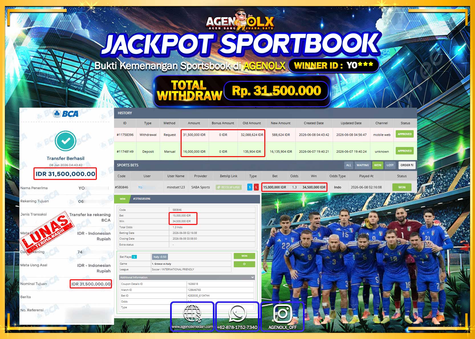 AGENOLX JACKPOT SPORTBOOK SABA SPORTS Rp 31.500.0000- LUNAS