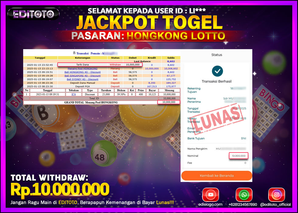 JACKPOT TOGEL PASARAN HONGKONG LOTTO Rp.10.000.000.,- LUNAS