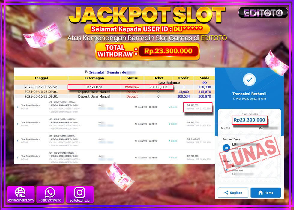 JACKPOT EDITOTO SLOT THAI RIVER WONDERS Rp.23.300.000,- LUNAS