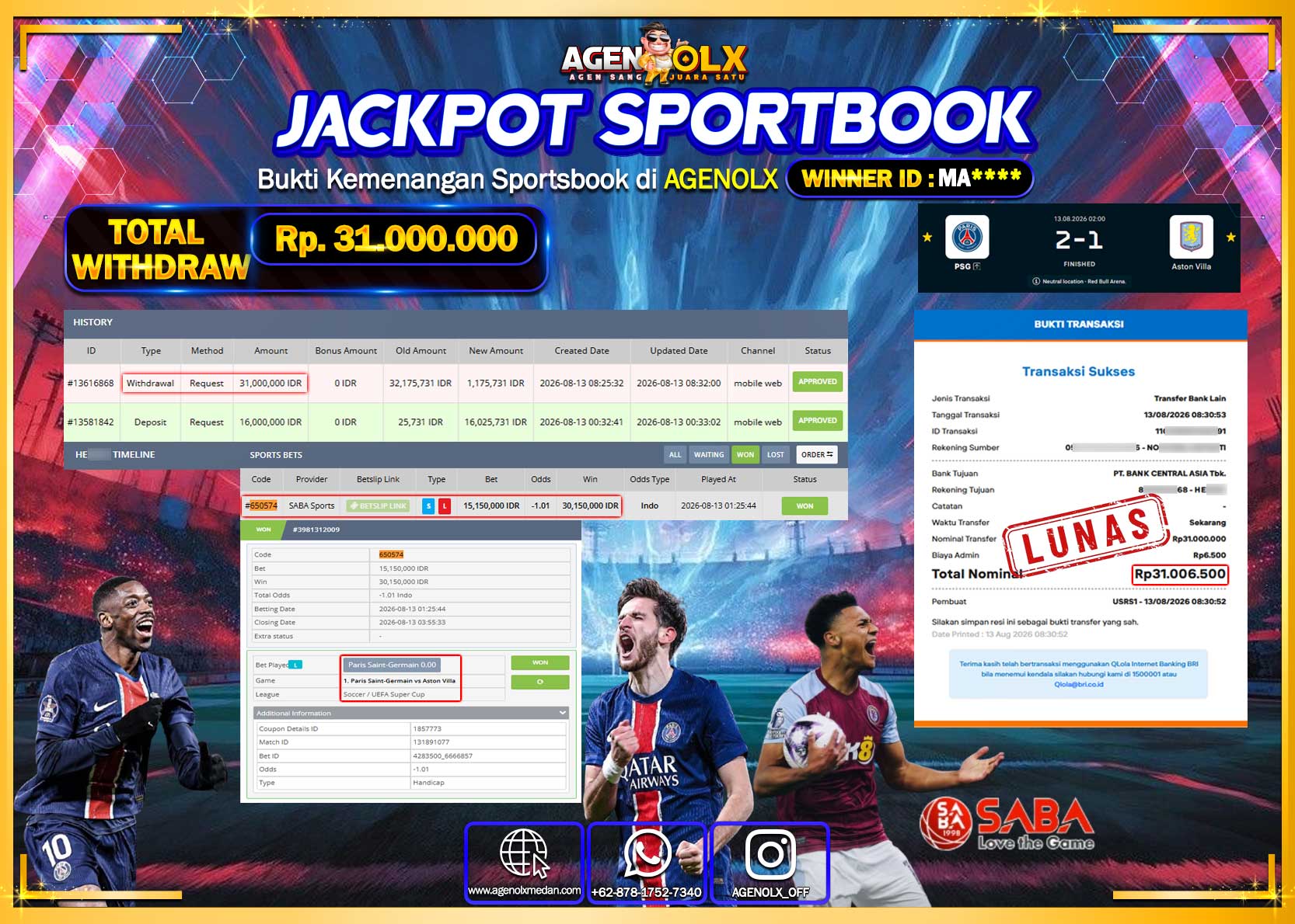 AGENOLX JACKPOT SPORTBOOK SABASPORT Rp 31.000.000 -LUNAS