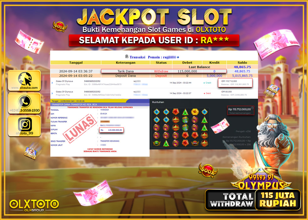 OLXTOTO JACKPOT  SLOT GATES OF OLYMPUS Rp.115.000.000.,- LUNAS